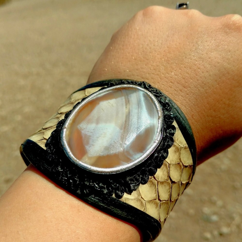 OOAK Yellowstone Agate Designer Snake Skin Cuff Bracelet